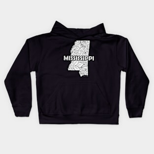 Mandala art map of Mississippi with text in white Kids Hoodie